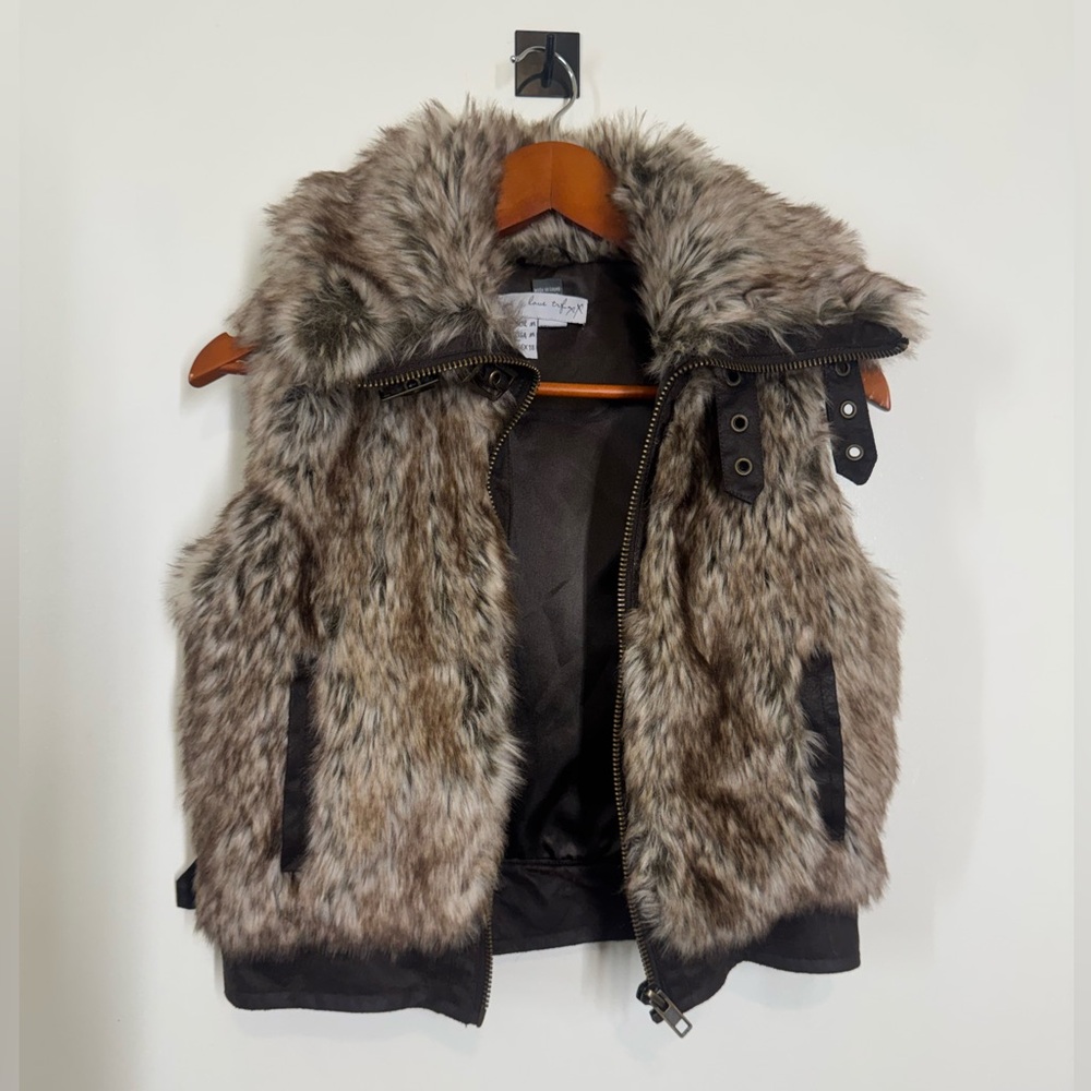 Faux Fur Funnel Neck Zip-Up Vest in Mixed Brown Tones Moto Style Medium Y2K